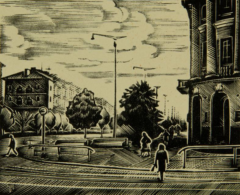 Тайгильдин Г.В. - "Проспект Гагарина" (1981; бумага, гравюра на полистироле)