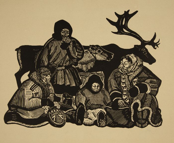 А.В. Бородин (1935-2018) «Семья оленевода». 1961. Бумага, линогравюра (https://rmii.ru) А.В. Бородин (1935-2018) «Семья оленевода». 1961. Бумага, линогравюра (https://rmii.ru)