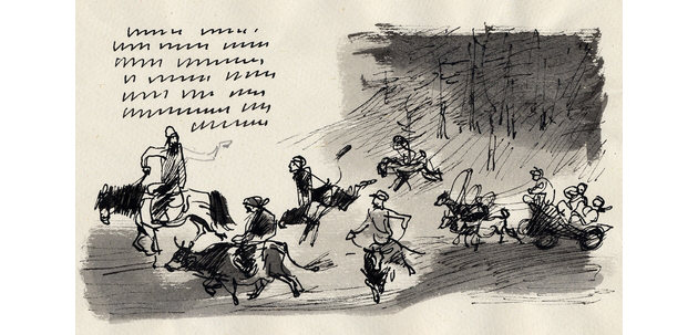 Эскиз иллюстрации с текстом. 1937 г. Бумага, тушь, перо, кисть, карандаш (http://artgallery.krasno.ru/) 