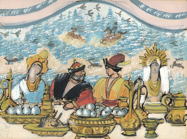 Иллюстрация к мультфильму «Сказка о царе Салтане». 1930 г. Бумага, акварель, гуашь, пастель (https://fumus.ru/) Иллюстрация к мультфильму «Сказка о царе Салтане». 1930 г. Бумага, акварель, гуашь, пастель (https://fumus.ru/)